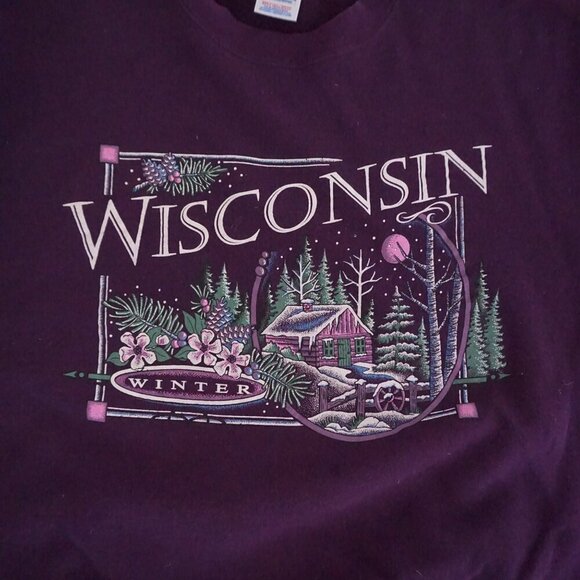 Vtg '90S Jerzees Wisconsin Winter Puff Print Purple Cotton Crew Neck Sweater XL - Picture 5 of 9